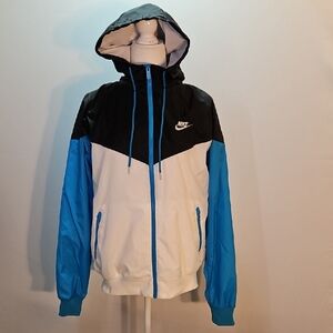 Nike Black, White, and Blue Windbreaker Hooded Jacket Small